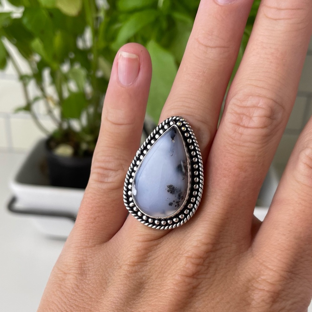 Dendrite opal ring sterling silver natural stone crystal vintage ring